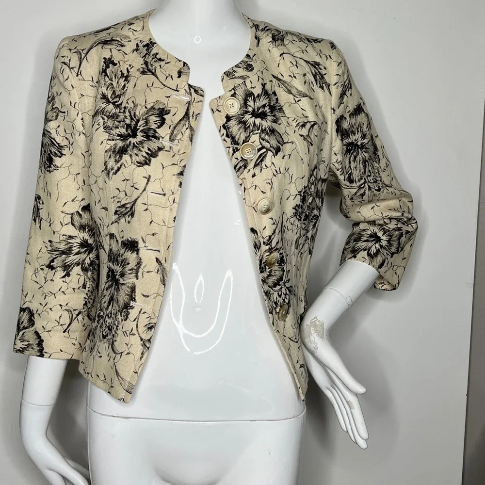 MaxMara Sz 8 Cream Black 100% Linnen Unlined Front Button Blazer Jacket Top